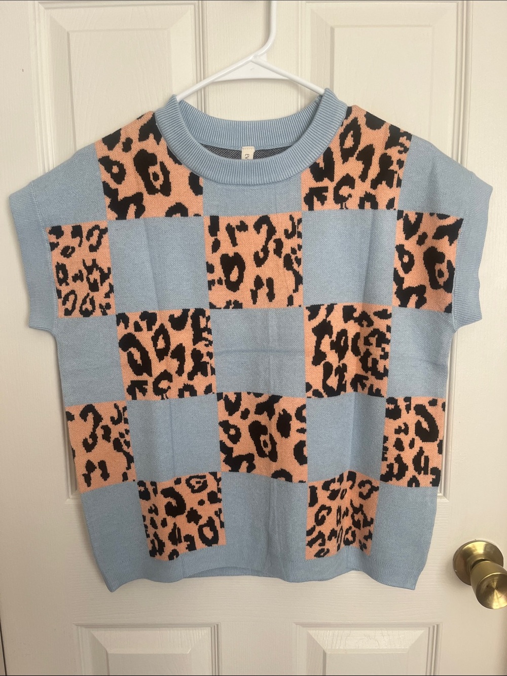 Evaless Blue Leopard Checkerboard Knit Top Size S NWT